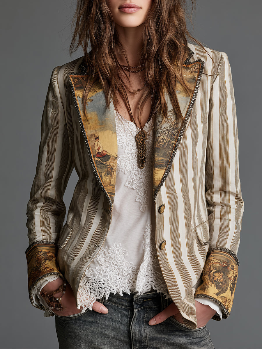 Blazer à Revers Imprimé Rayé pour Femmes