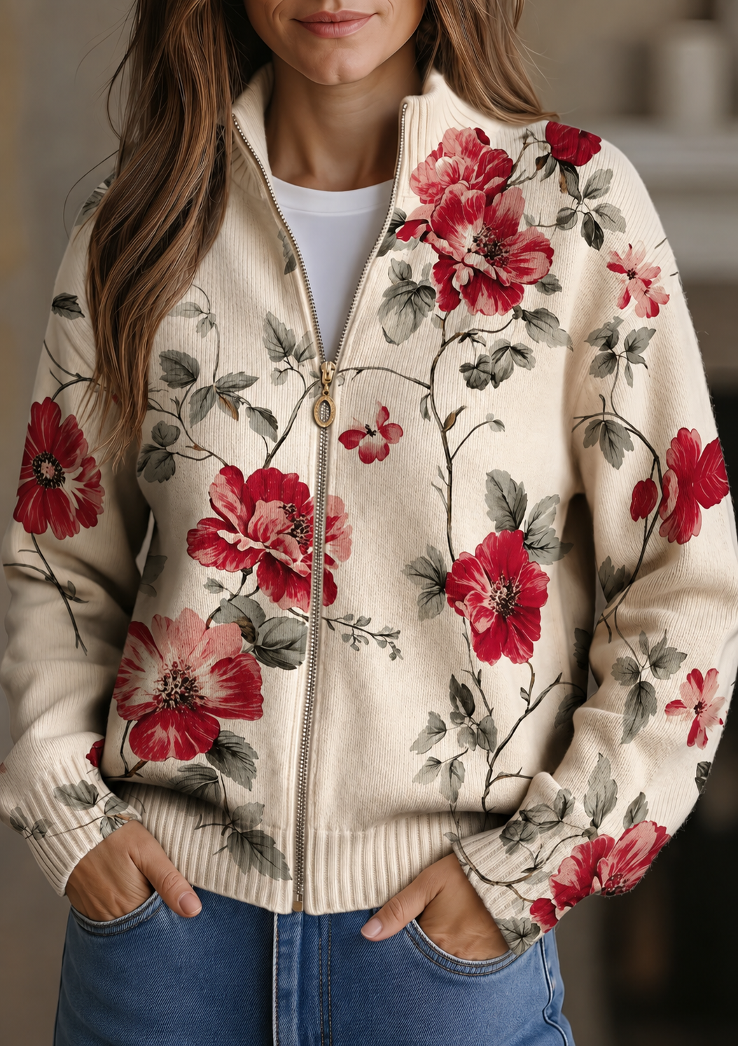 Wilhelmine™ | Cardigan zippé à imprimé rose vintage