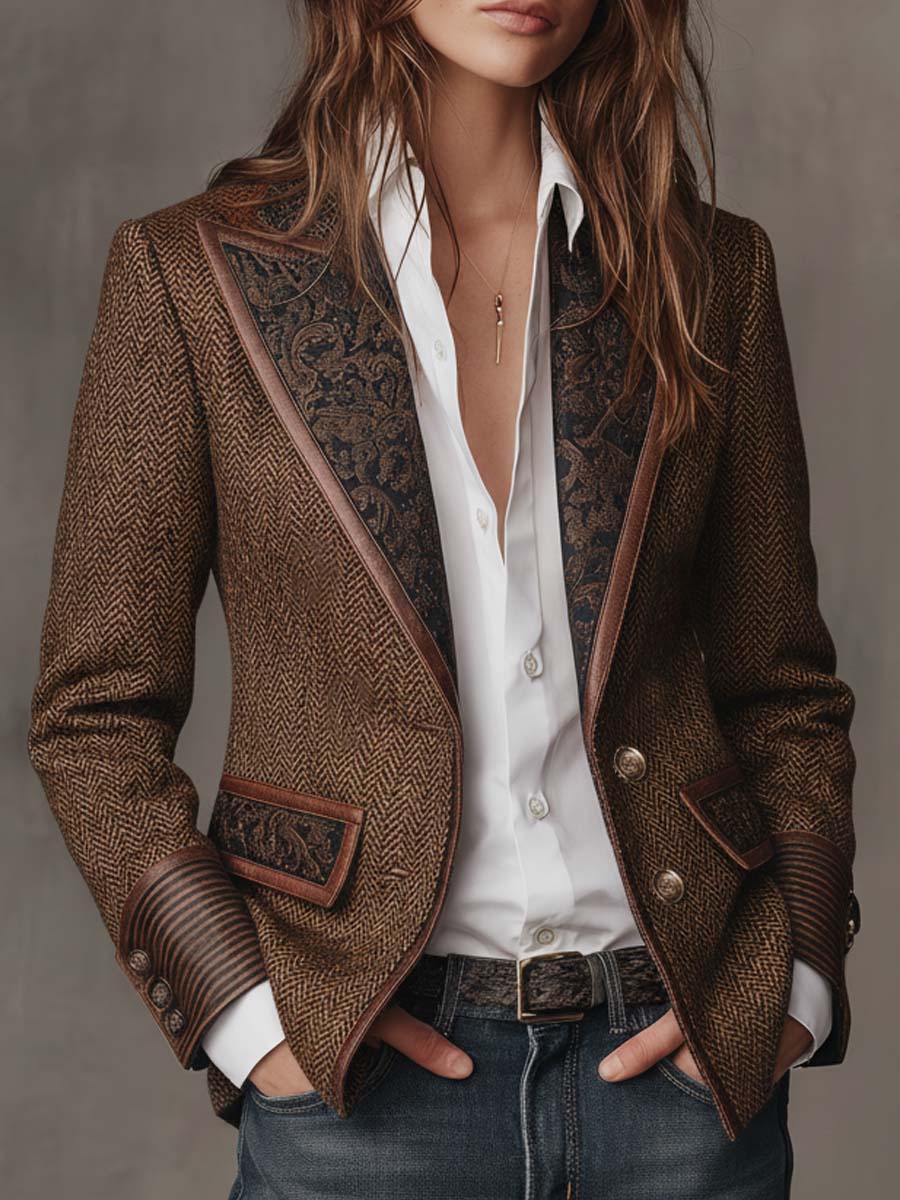 Blazer Femme à Panneaux Imprimés en Herringbone