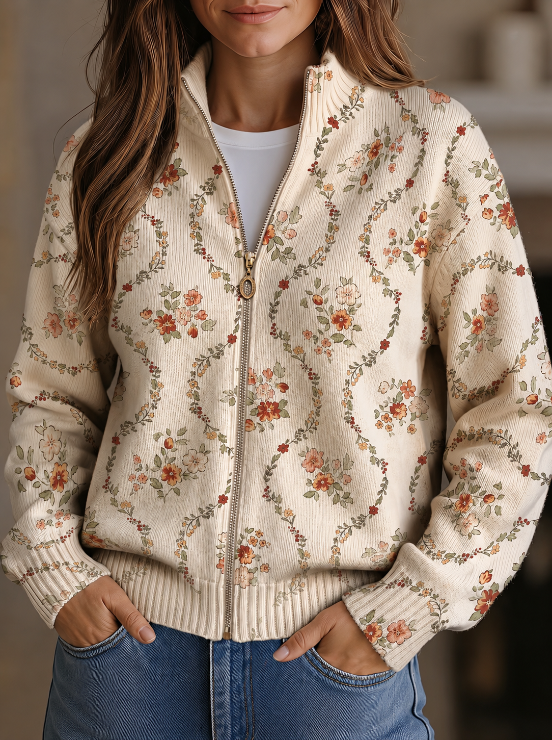 Persephone™ | Cardigan zippé à imprimé floral crème