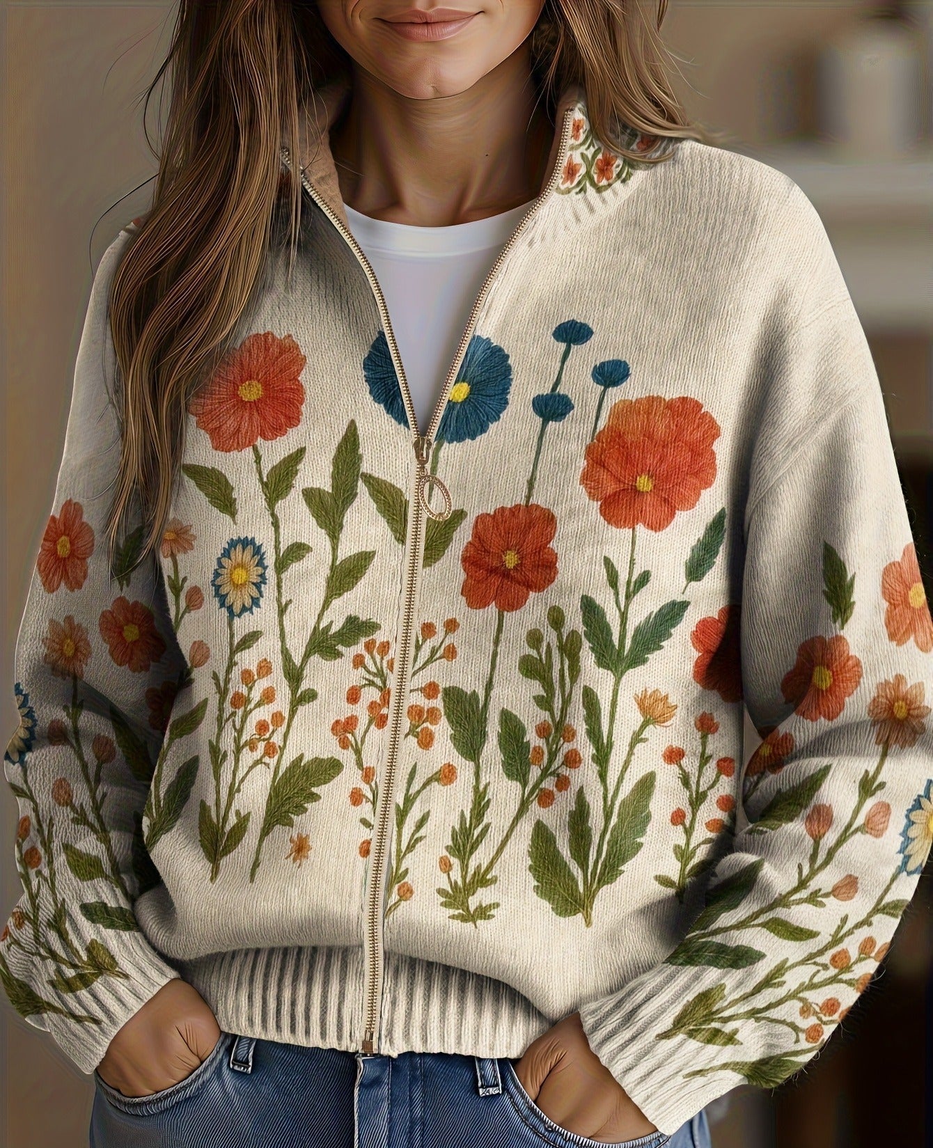 Wrenna™ | Cardigan zippé Champ de Fleurs Sauvages